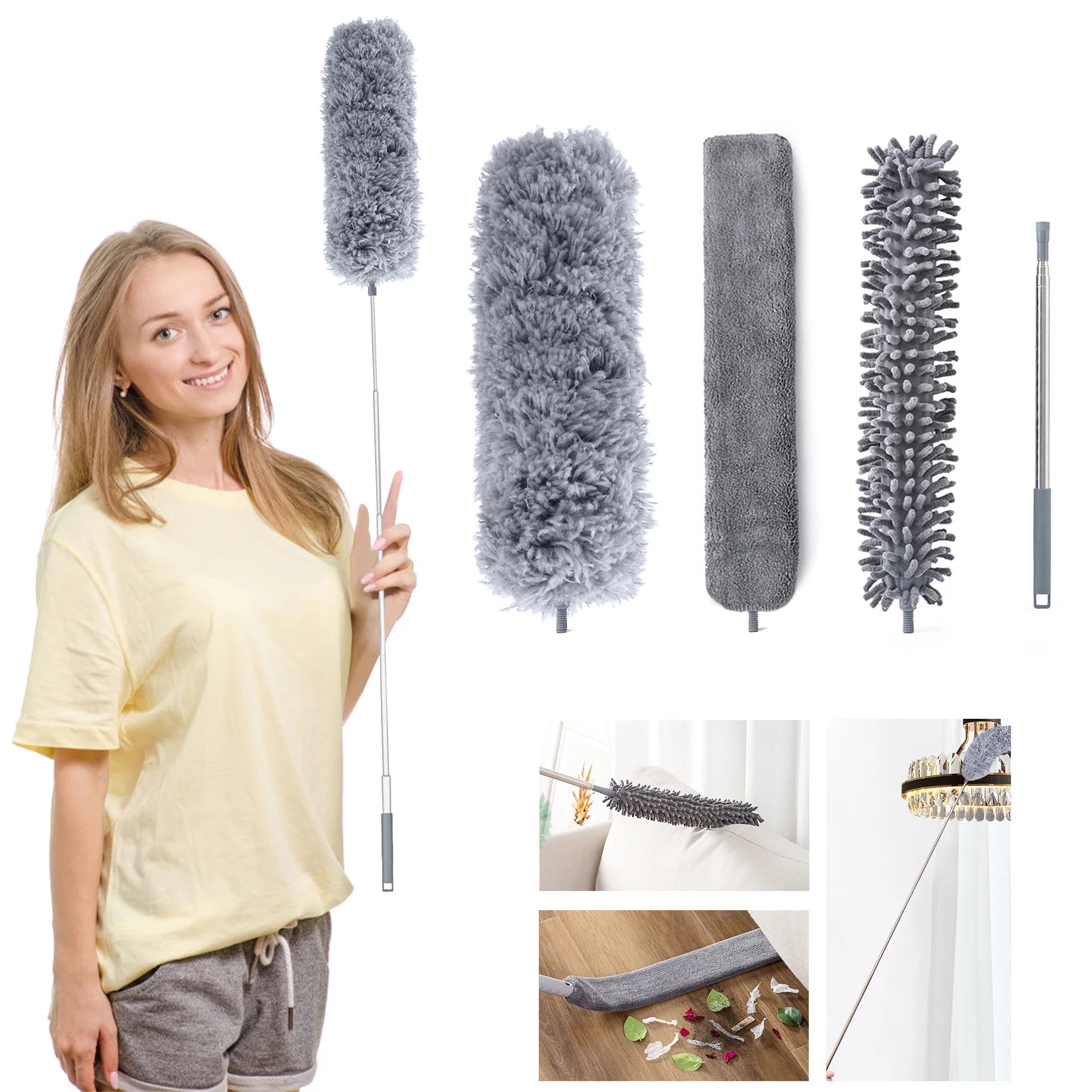 3PCS Long Handle Microfiber Duster Brush Set Bedside Duster Brush for Sofa Bed Furniture Magic Duster Home Cleaning Tool