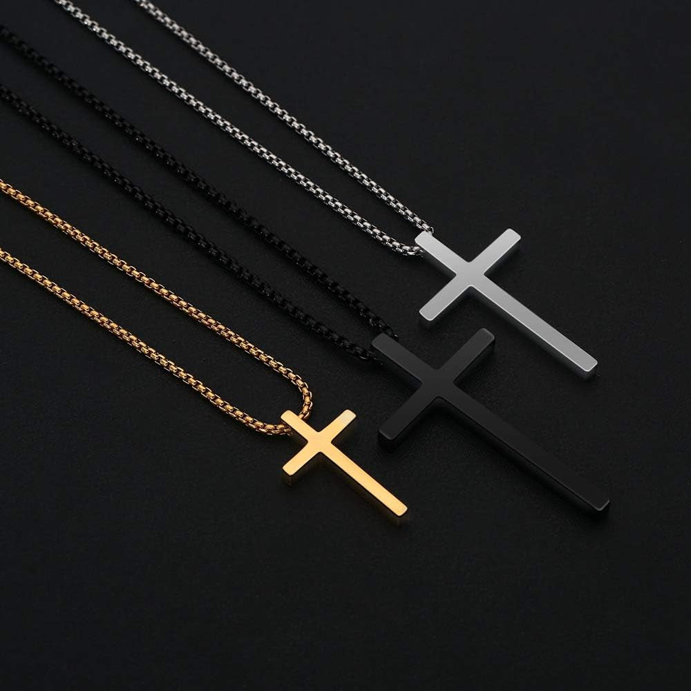 Cross Necklace for Men, Silver Black Gold Stainless Steel Plain Cross Pendant Necklace for Men Box Chain 16-30 Inch